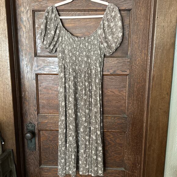 Neuflora Tan Cream Floral Dress Smocking Prairie Cottage Core Sz M Milk Maid - Picture 4 of 8